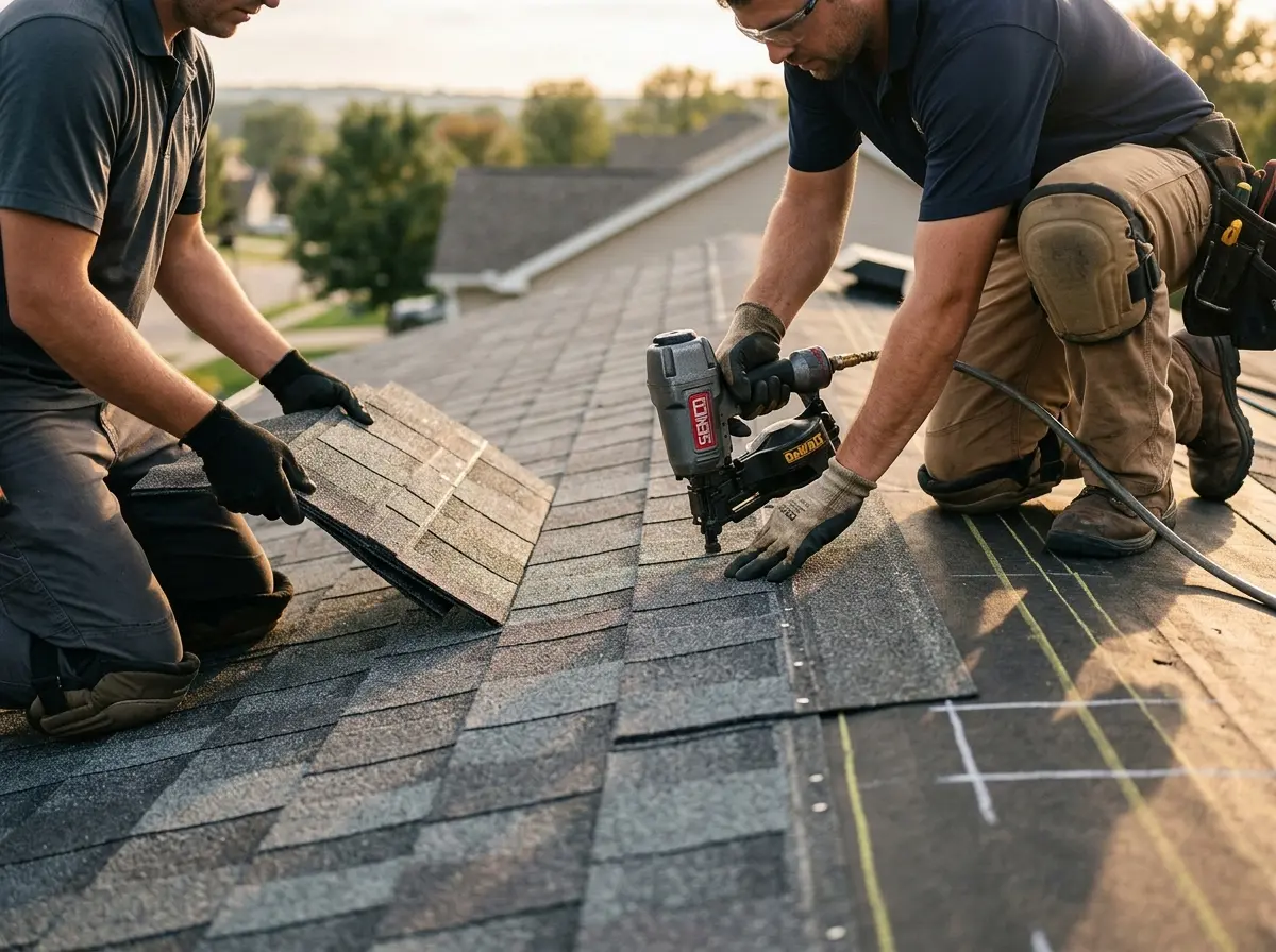 Professional roofer working on a residential roof in Susanville